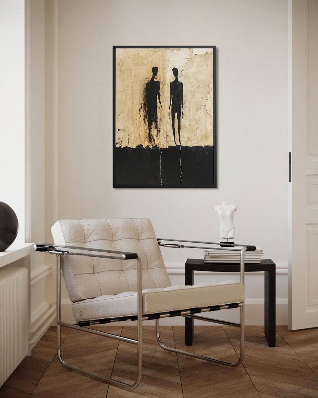 Schaduwfiguren op beige – kunstwerk als stijlvolle wanddecoratie
