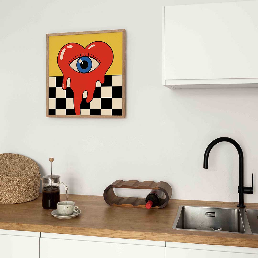 Smeltend hart met oog – kleurrijke Pop Art poster in vierkant formaat