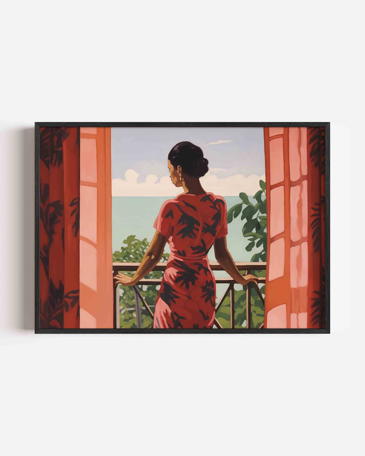Vrouw bij balkon – hedendaagse illustratie poster in landscape formaat