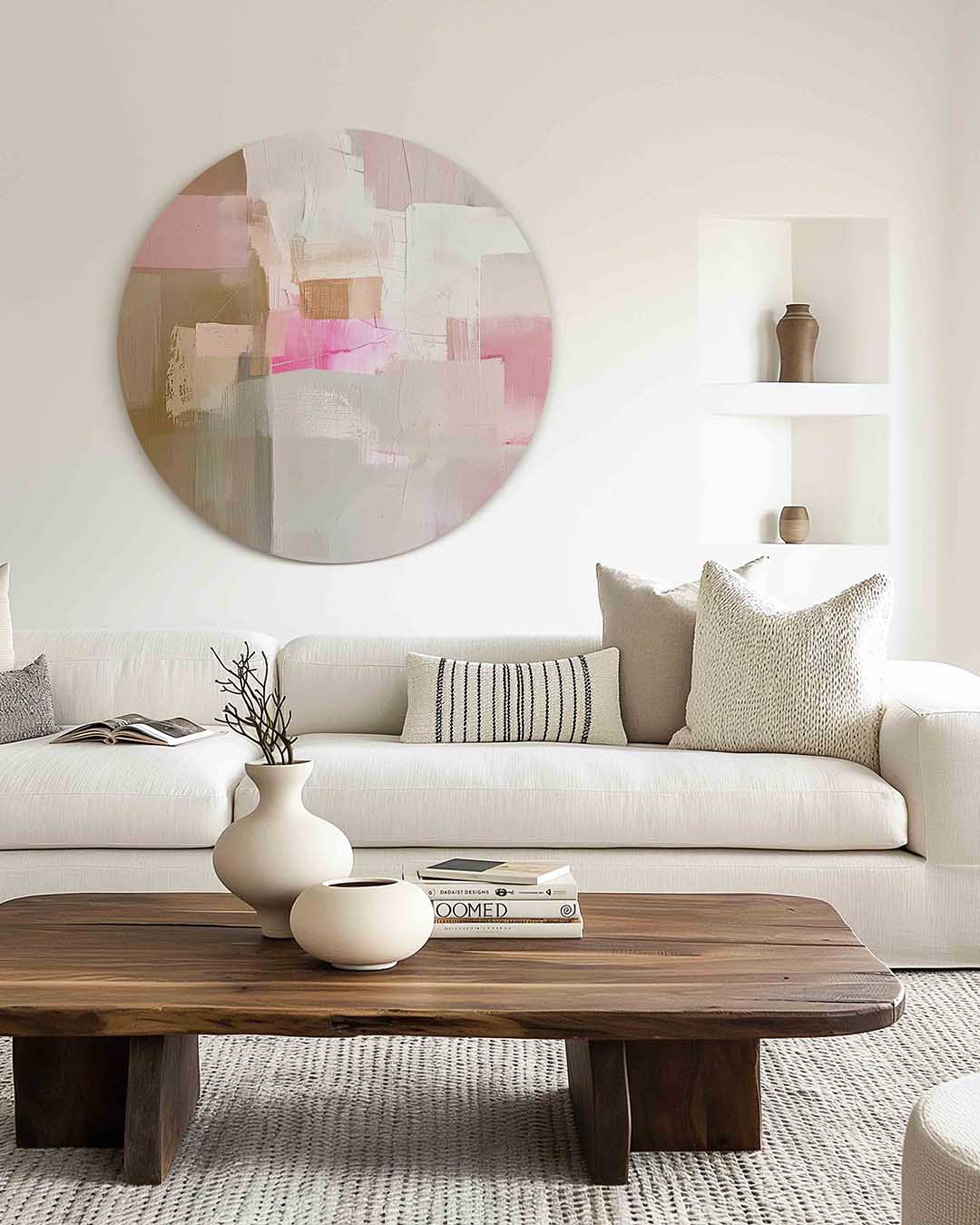 Abstracte roze en beige – muurcirkel met kleur en vormen voor aan de muur