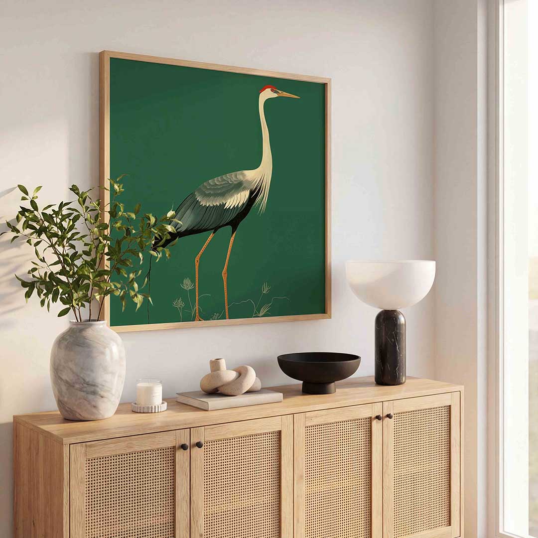 Kraanvogel op groene achtergrond – dierenillustratie als vierkante poster