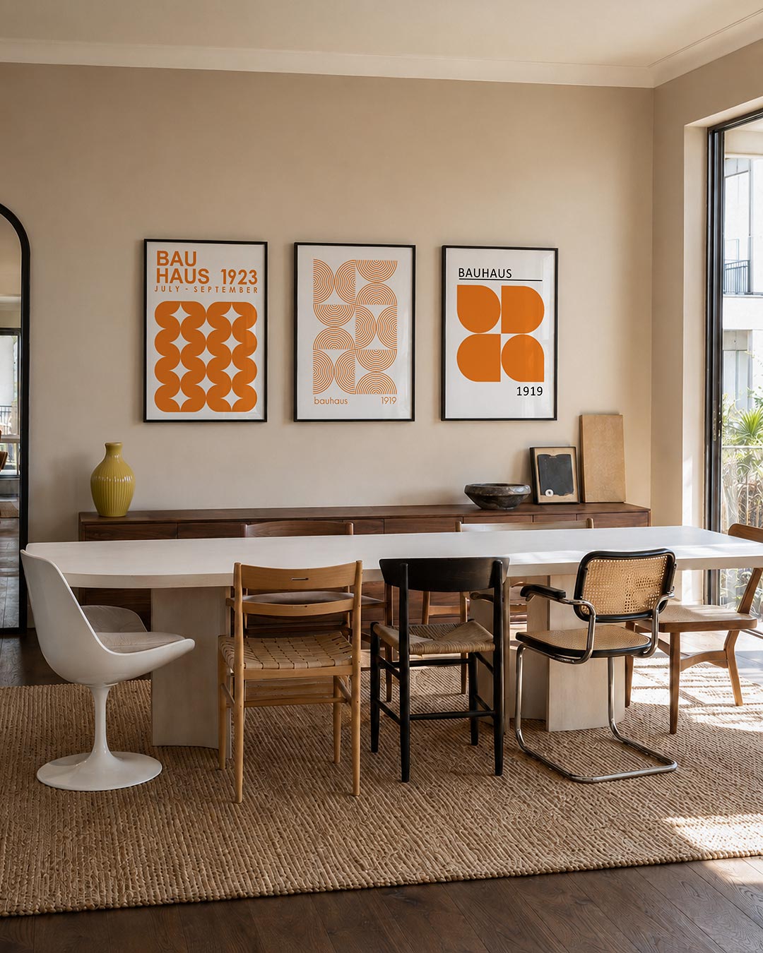 Oranje vormenspel posterset – tweede productweergave – deze posterset in drie delen toont een speelse ordening van oranje