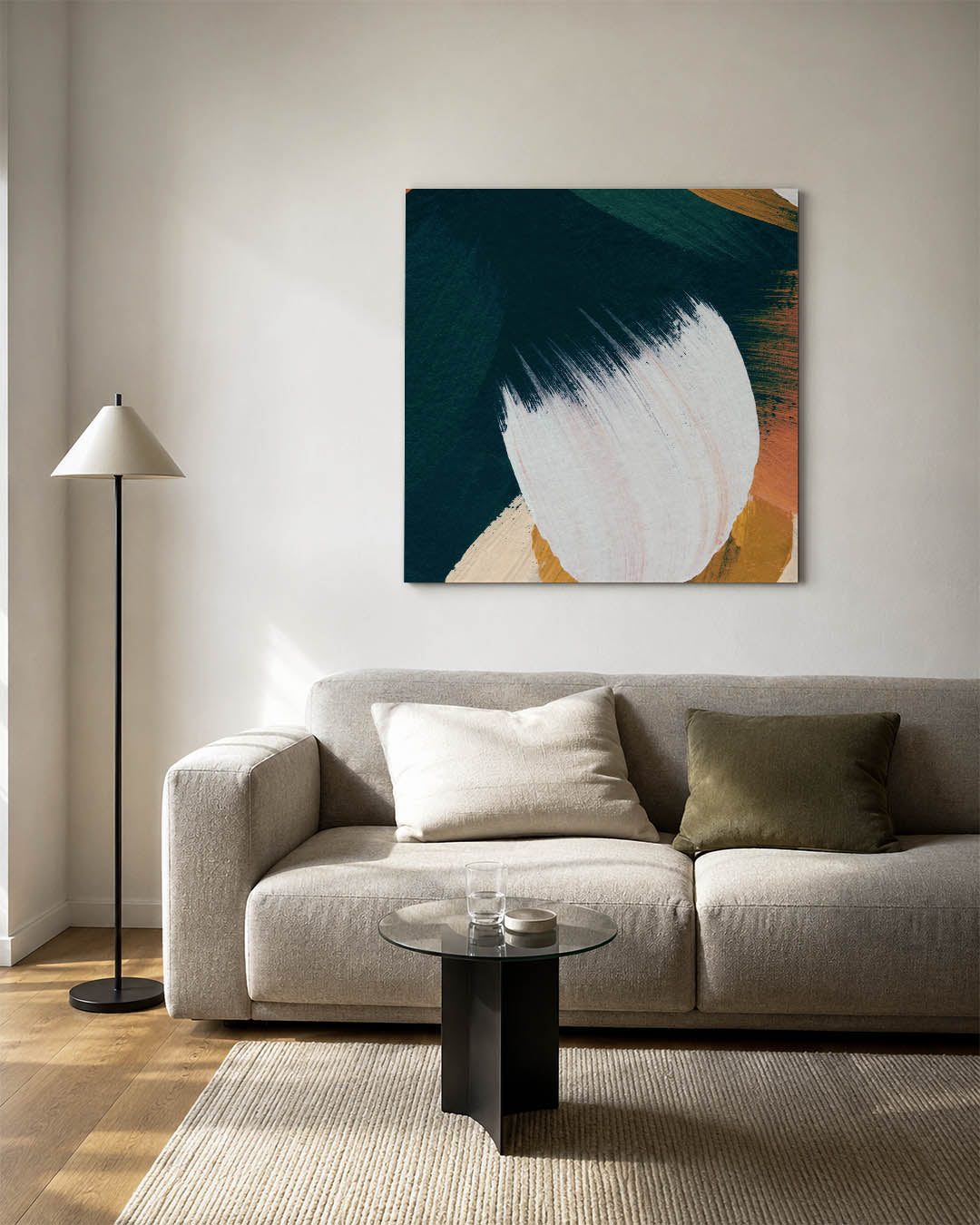 Dynamische kleurencompositie kunstwerk – detailweergave – dit werk toont vloeiende penseelstreken in een harmonie van