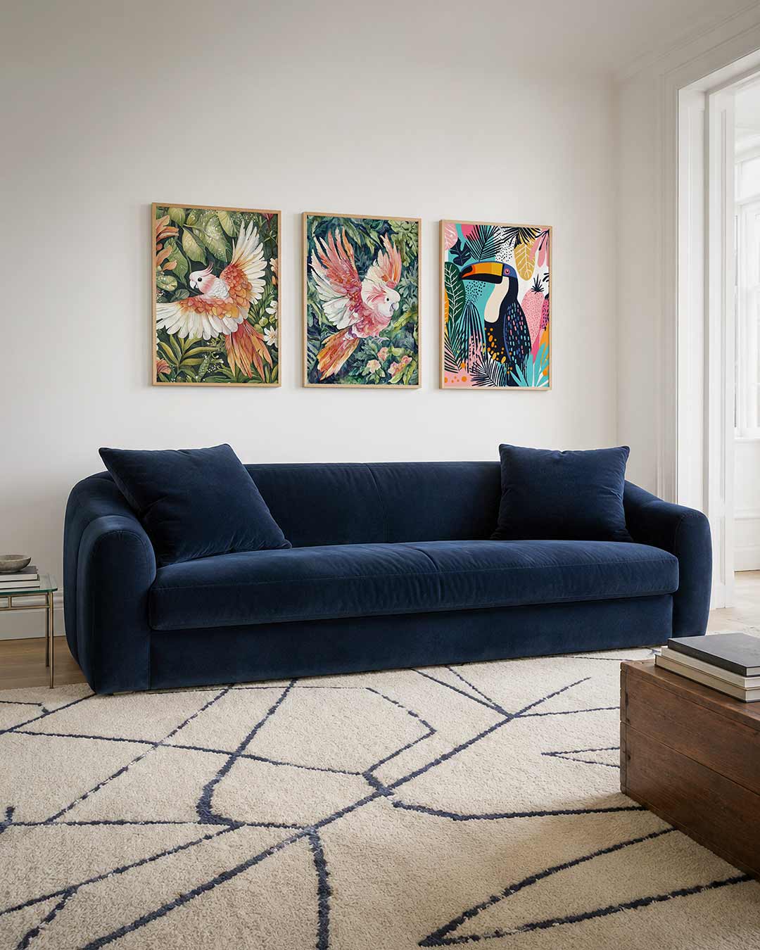 Vleugels en bladeren driedelige posterset – een kleurrijke vogel met oranje en witte veren vliegt