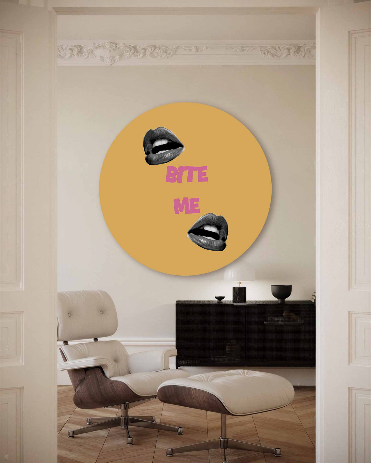 Lippen en tekst – kleurrijke Pop Art muurcirkel voor aan de muur