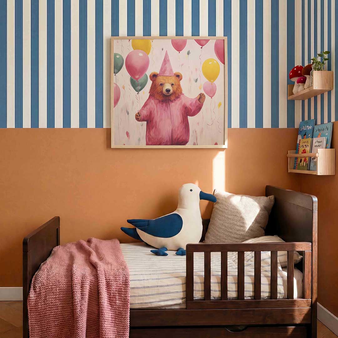 Beer met ballonnen – kids poster in vierkant formaat