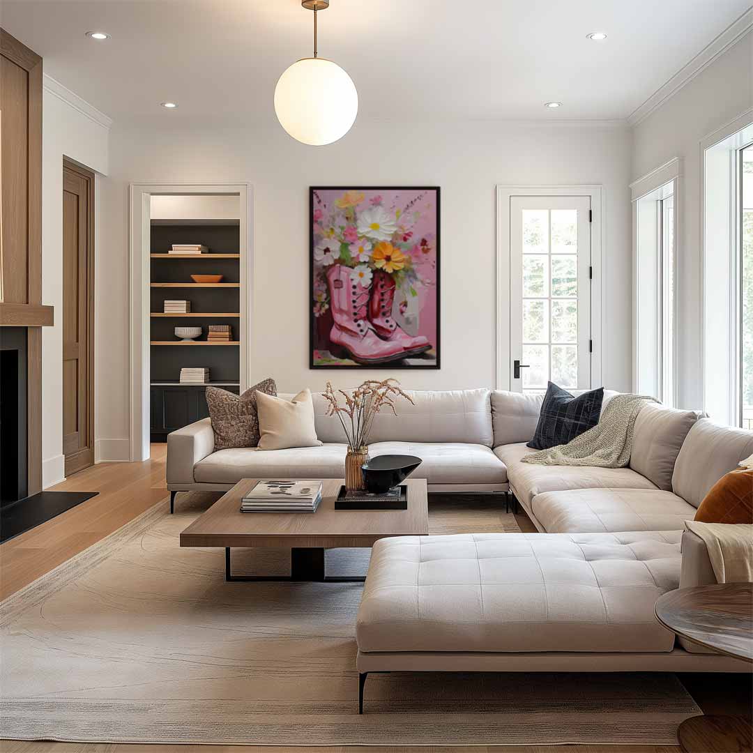 Bloemrijke Laarzen in Roze Tint – modern portret kunstwerk van WallArtistic
