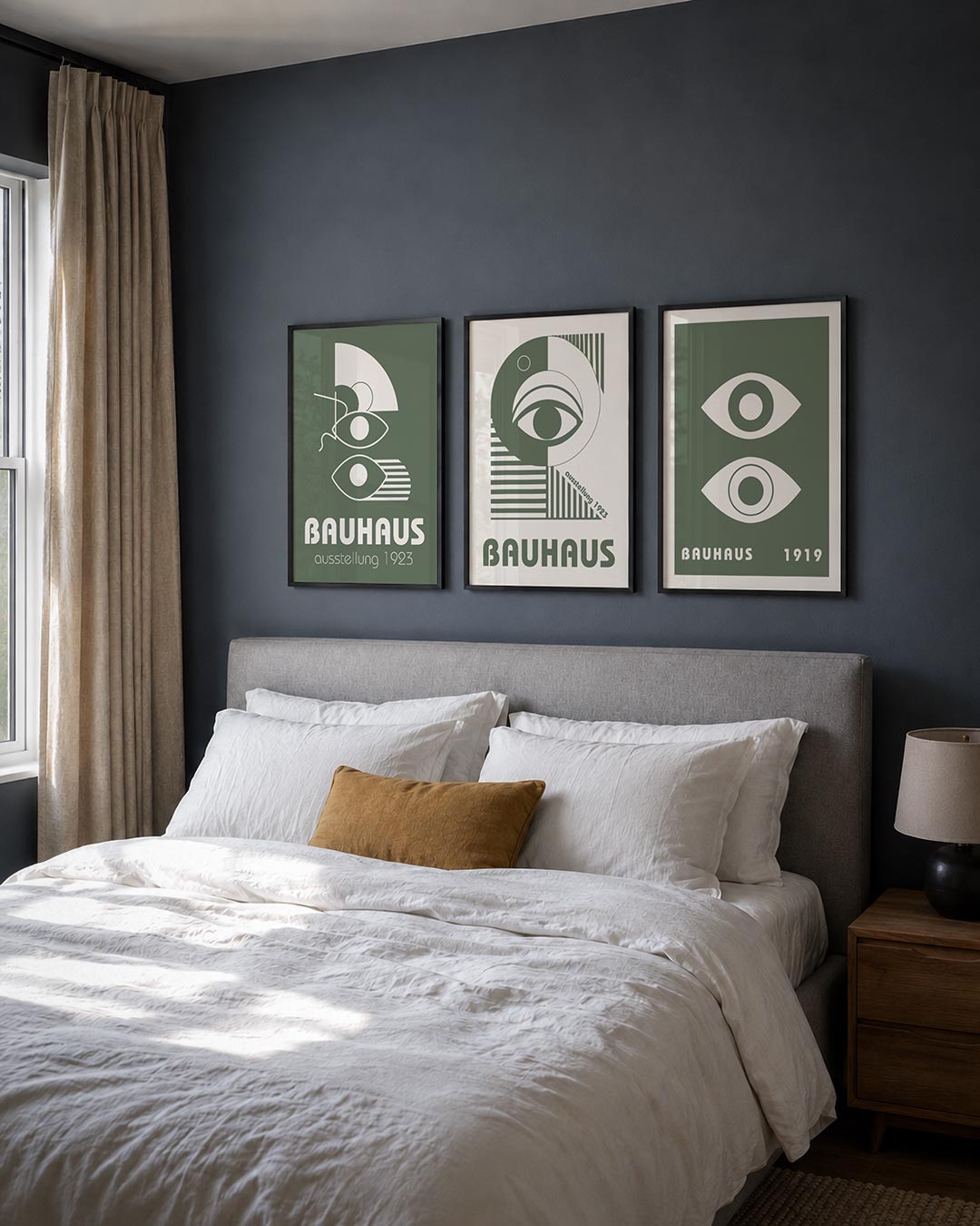 Vorm en lijnenspel posterset – detailweergave – deze posterset in drie delen toont een harmonie van cirkels, lijnen en ogen