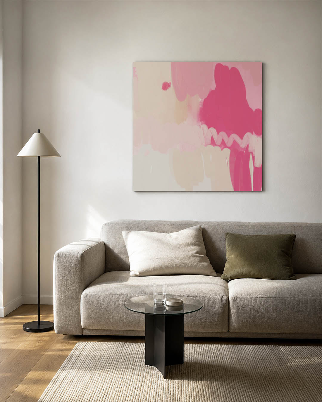 Vloeiende kleurencompositie kunstwerk – vierkante wanddecoratie – dit kunstwerk toont een dynamische mix van roze tinten en