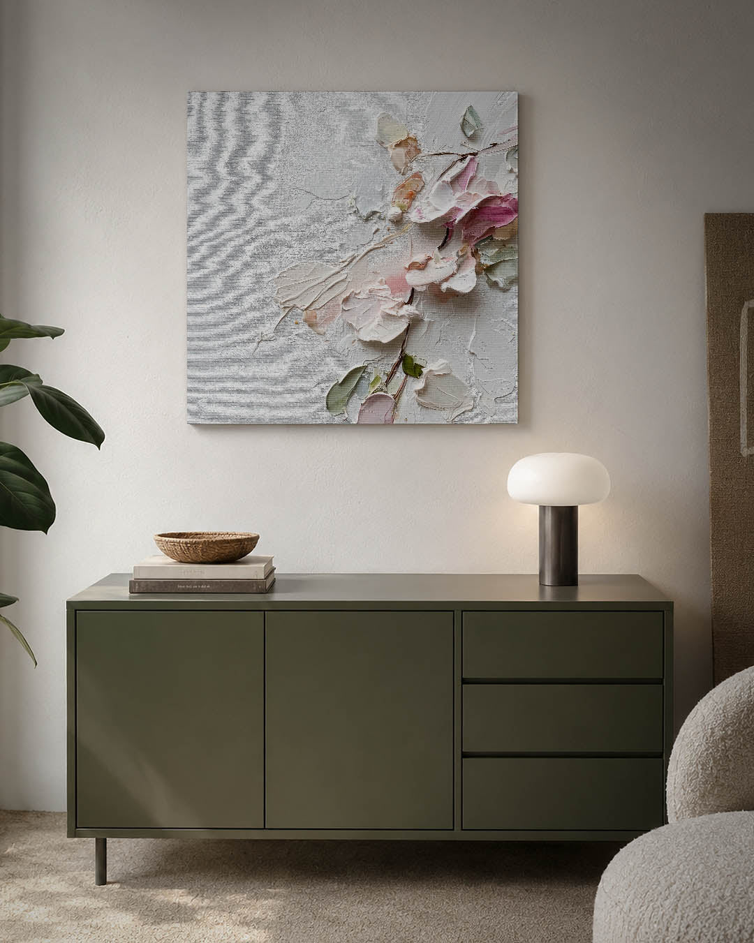 Bloemtextuur op doek kunstwerk – detailweergave – dit werk toont een subtiele compositie van bloemen in zachte tinten, met