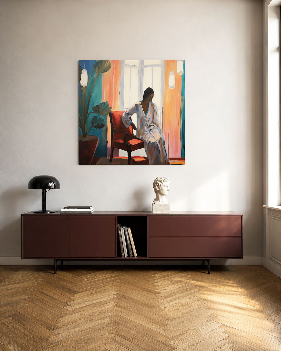 Vrouw in interieur kunstwerk – tweede productweergave – dit kunstwerk toont een vrouw zittend in een kleurrijk interieur met