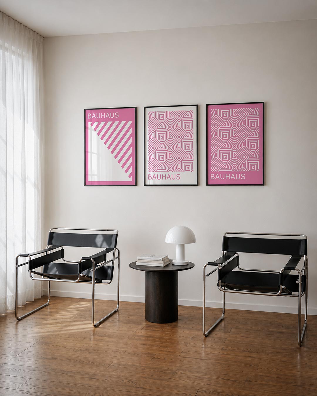 Diagonal lijnen posterset – derde productweergave – deze posterset in drie delen toont een speelse combinatie van roze en