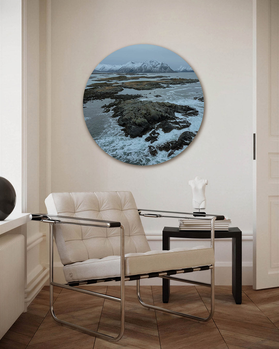 Berglandschap met zee – fotografie muurcirkel als ronde wanddecoratie