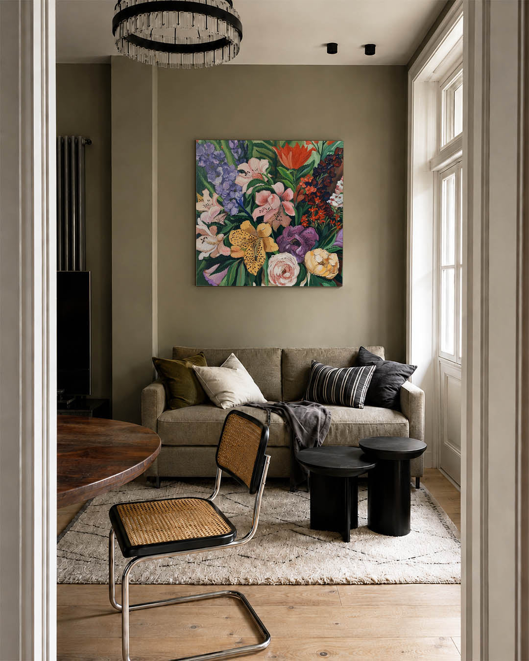 Bloemrijke compositie kunstwerk – tweede productweergave – dit kunstwerk toont een levendige verzameling bloemen in diverse