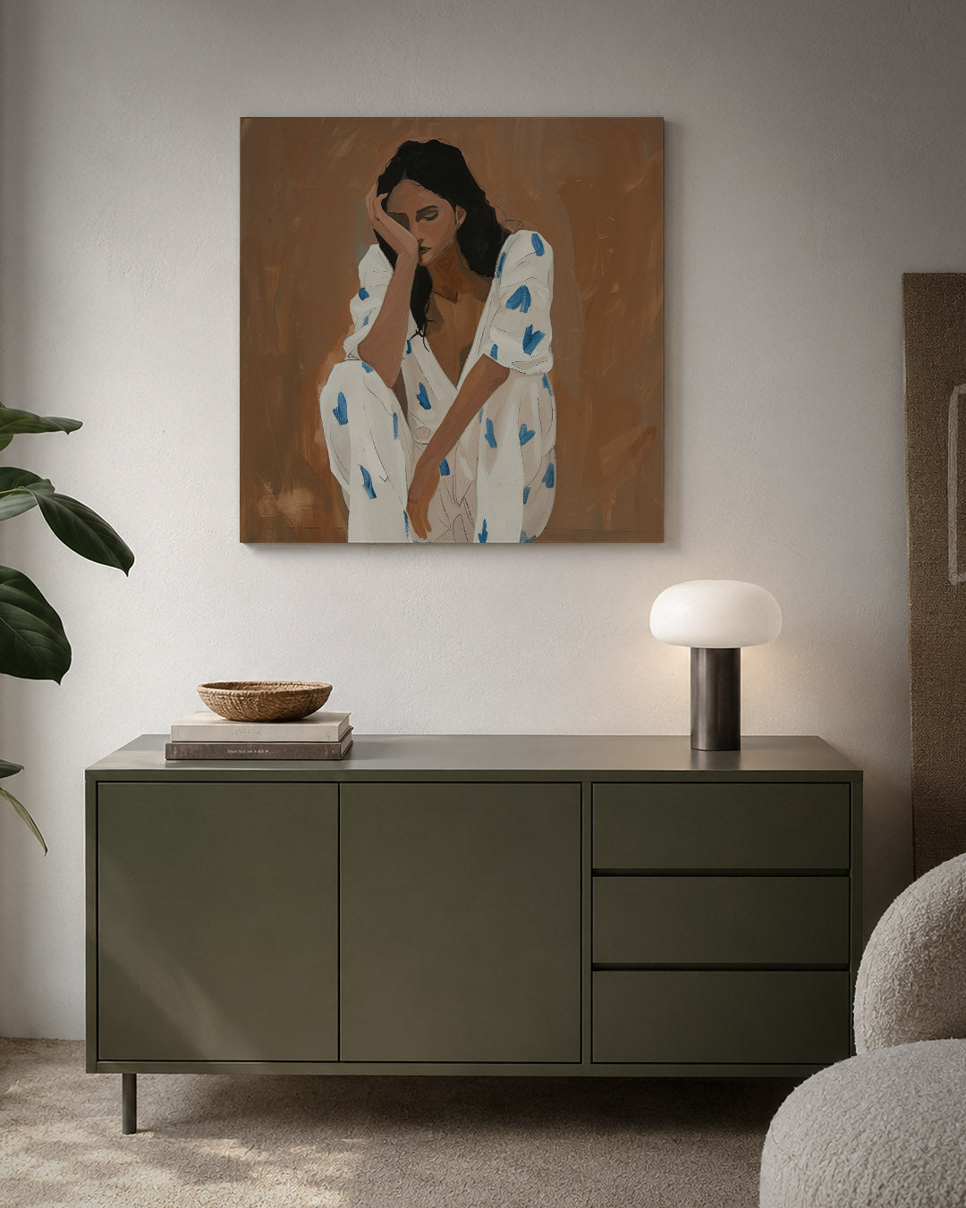 Dromerige vrouwenzitting kunstwerk – detailweergave – dit kunstwerk toont een vrouw in een contemplatieve houding, omgeven