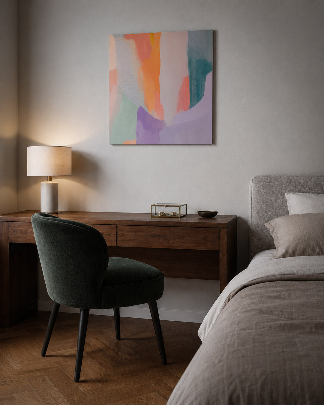 Kleurrijke vormen kunstwerk – sfeerbeeld – dit werk toont een dynamische compositie van vloeiende vormen en levendige