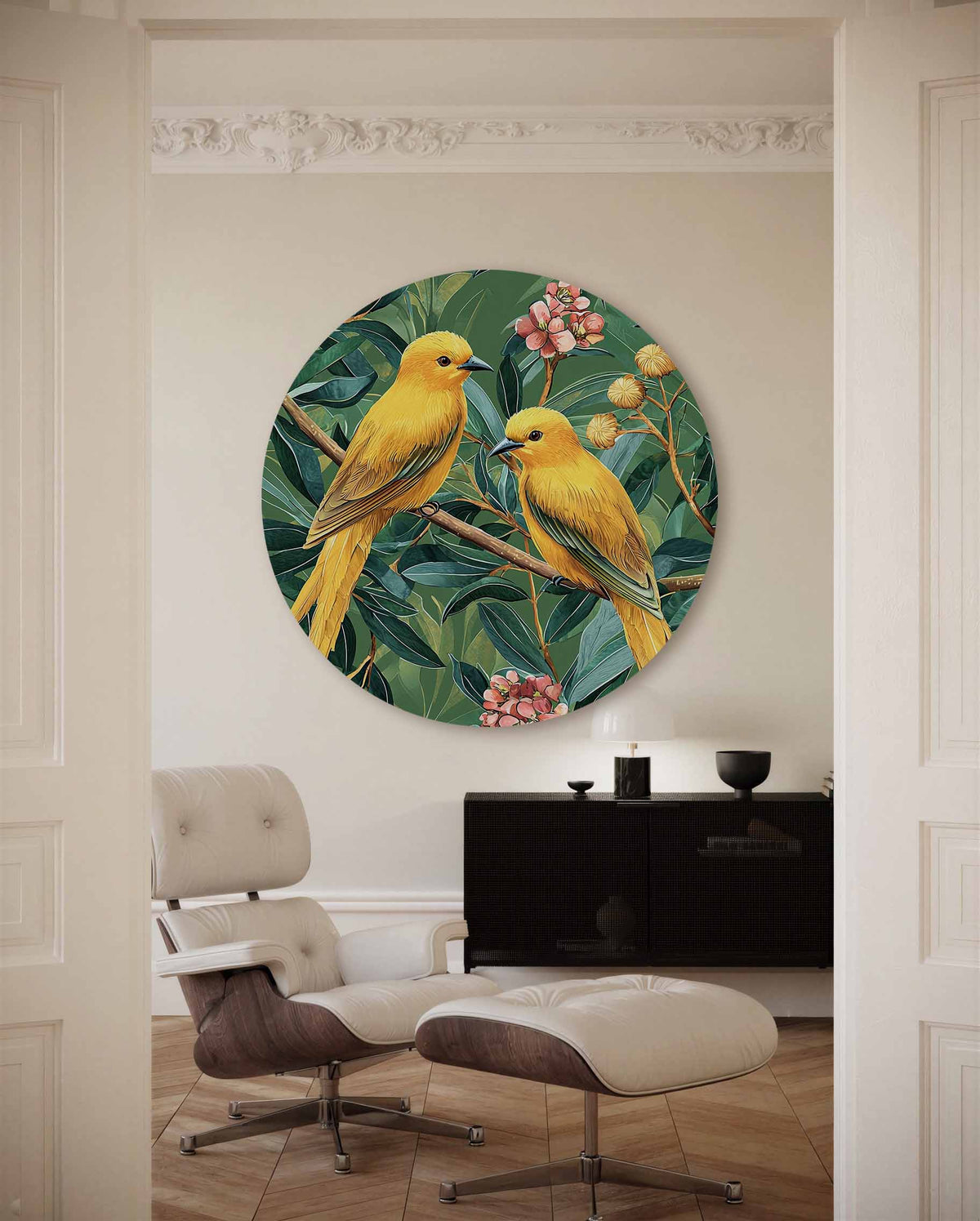 Gele vogels en bloemen – illustratie muurcirkel als ronde muurdecoratie