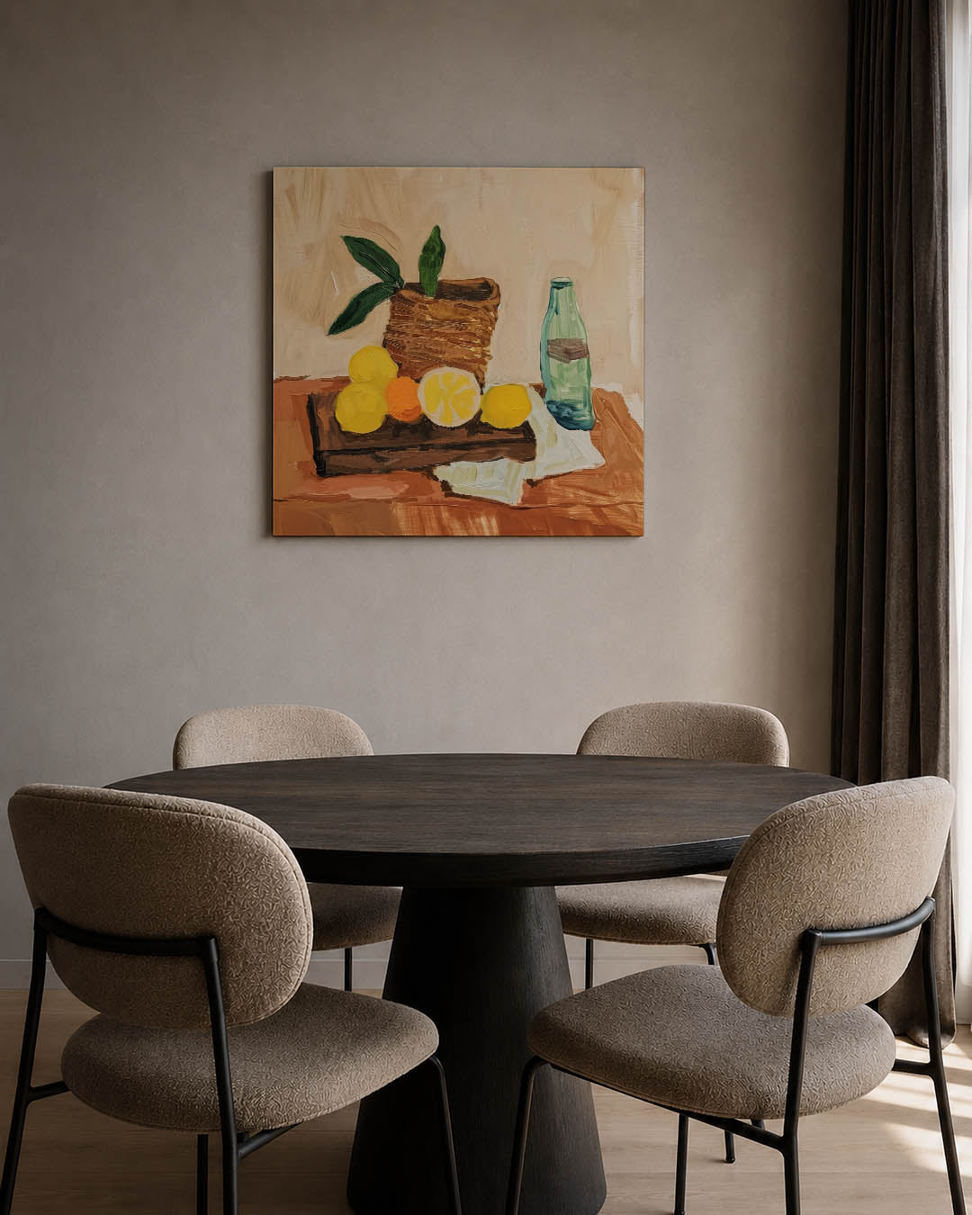 Fruit en fles compositie kunstwerk – tweede productweergave – dit werk toont een tafel met fruit, een fles en een mand. De