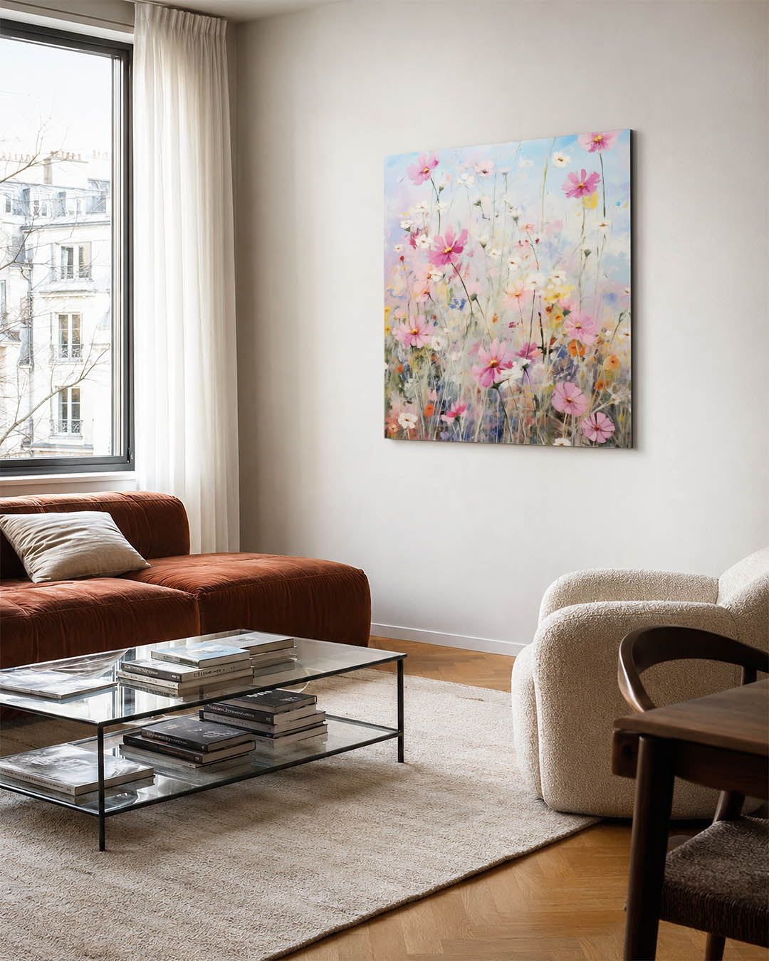 Bloemenweelde kunstwerk – vierkante wanddecoratie – dit kunstwerk toont een levendige verzameling bloemen in zachte kleuren.