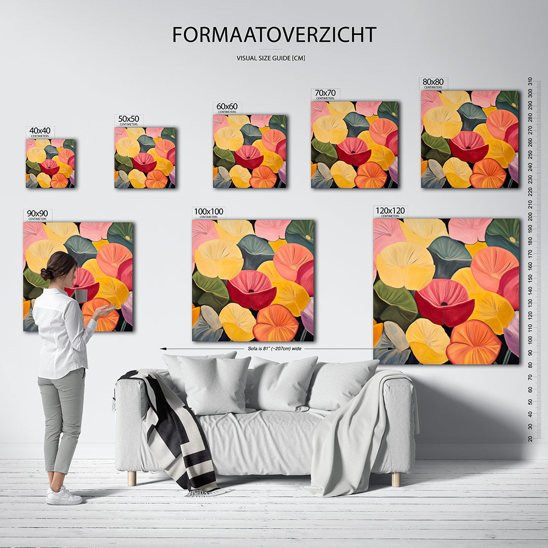 Kleurrijke bloemenvormen kunstwerk – materiaalweergave – dit werk toont een levendige verzameling van overlappende