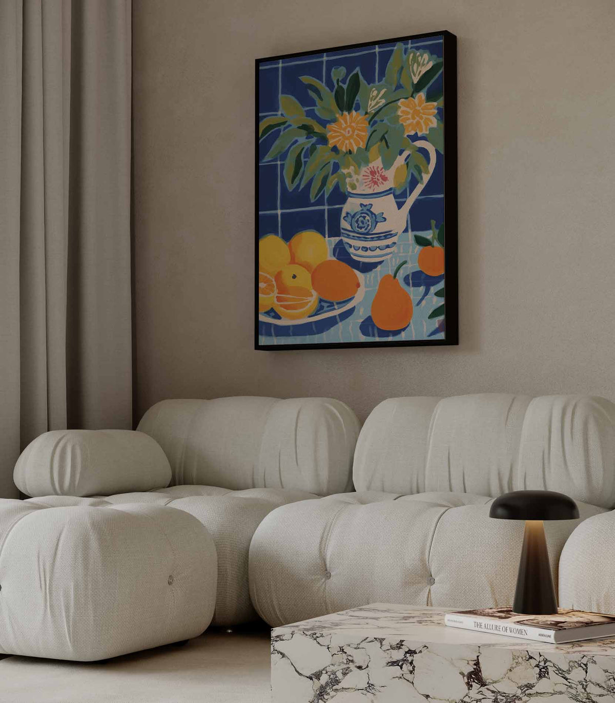 Zomerfruit in Blauwe Keuken – canvas kunstwerk als wanddecoratie