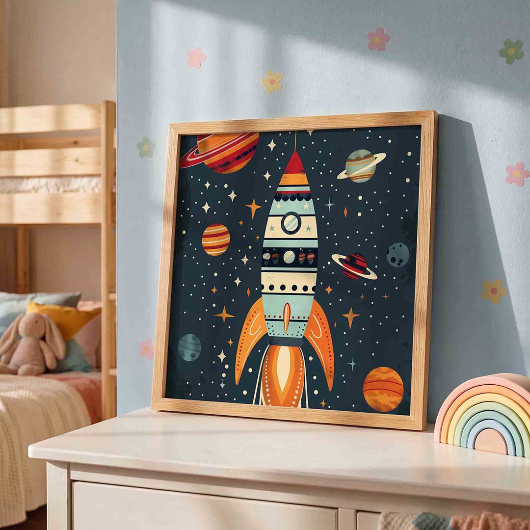 Ruimteraket en planeten – speelse wandkunst als vierkante kinderposter