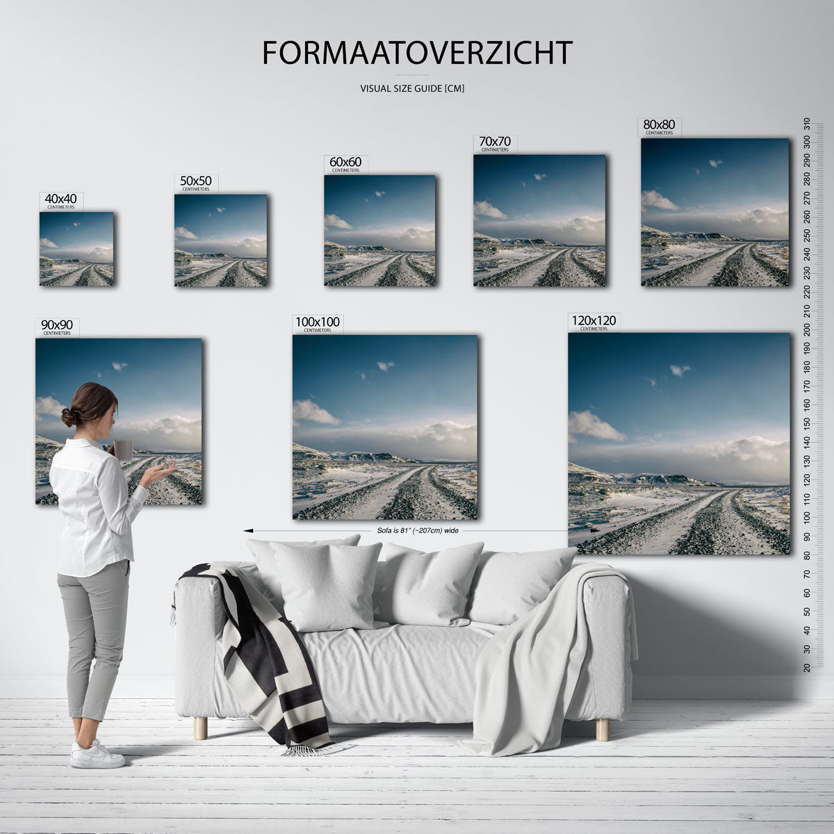 Winterse landschap kunstwerk – materiaalweergave – een besneeuwd landschap met een kronkelende weg die naar de horizon leidt.