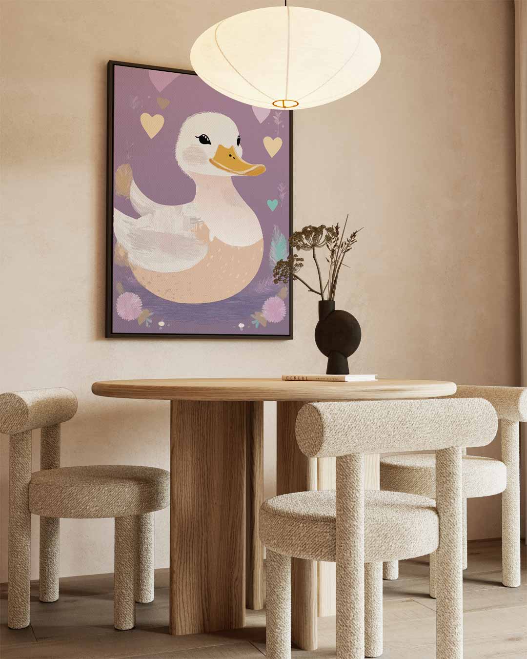 Schattige Eend op Paarse Achtergrond – staand kunstwerk voor modern interieur
