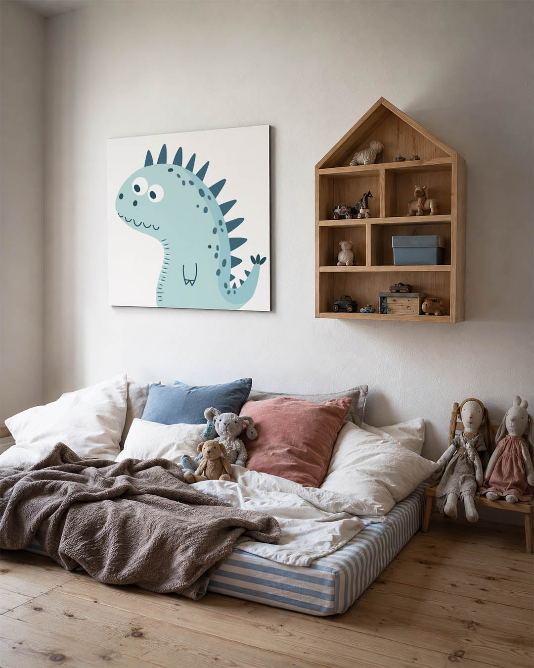 Speelse dino illustratie kunstwerk – derde productweergave – dit kunstwerk toont een speelse dinosaurus met grote ogen en