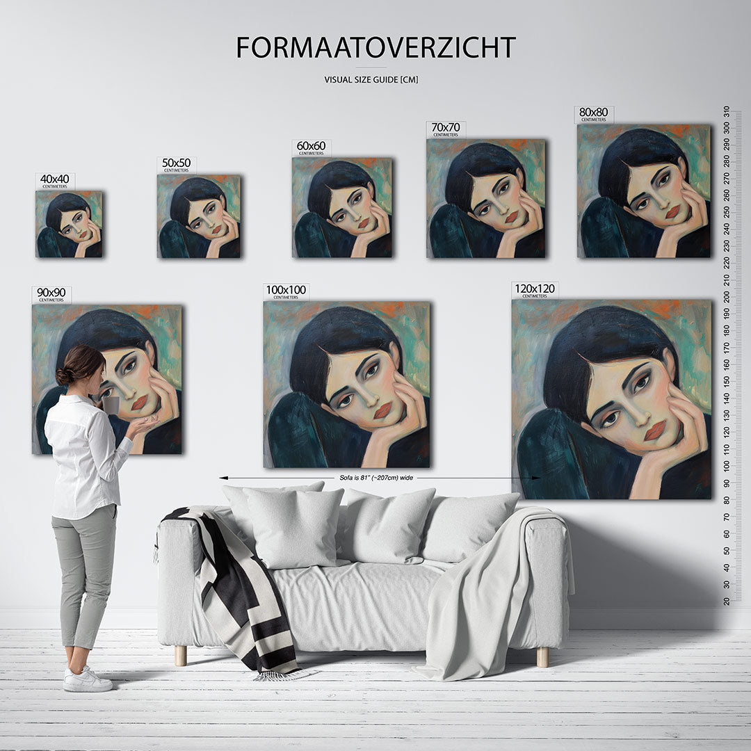 Dromerige blik kunstwerk – materiaalweergave – dit kunstwerk toont een vrouw met een dromerige blik. De zachte penseelstreken