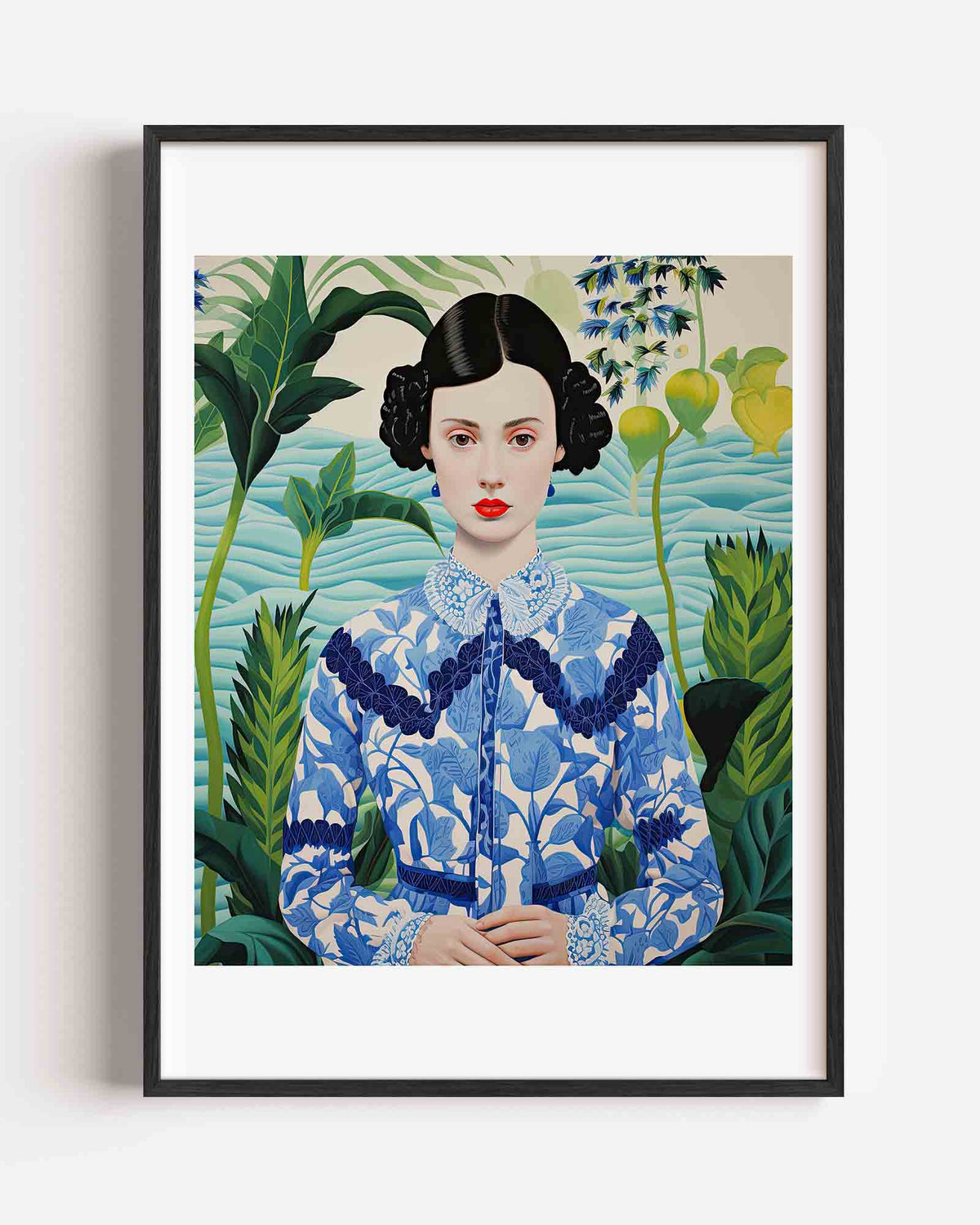 Vrouw in blauwe blouse – kleurrijke illustratie portret poster als wanddecoratie
