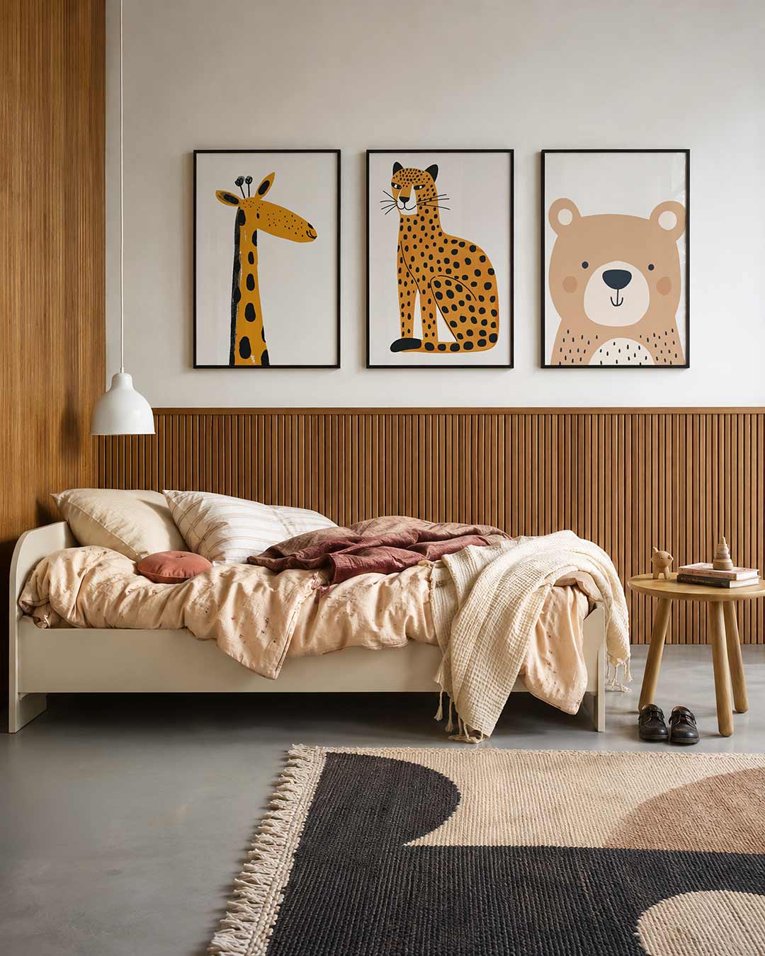Vrolijke giraffe driedelige posterset – een speelse giraffe met een lange nek en grote oren