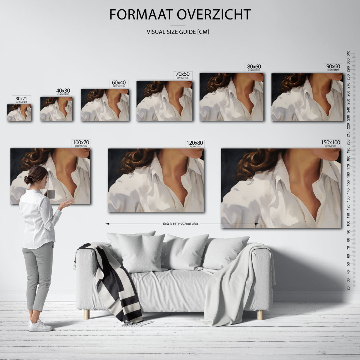 Witte blouse en krullend haar – liggende muurposter met vrouwelijk portret
