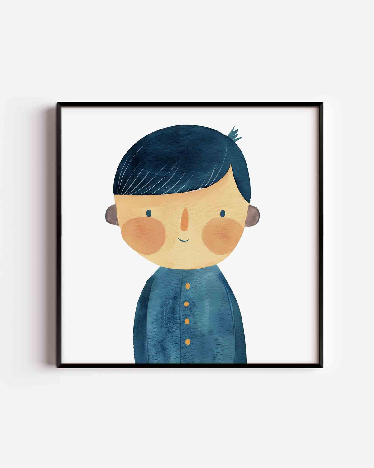 Jongen met blauwe jas – vierkante kinderposter als wanddecoratie
