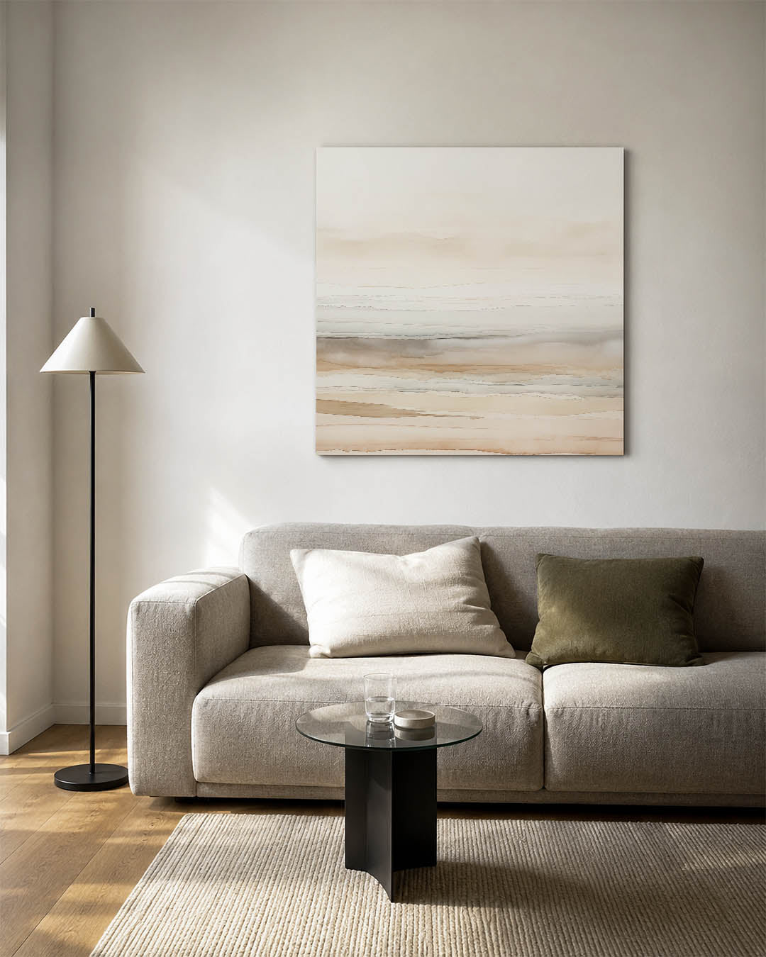 Zachte lijnen landschap kunstwerk – vierkante wanddecoratie – dit werk toont een compositie van horizontale lijnen in zachte
