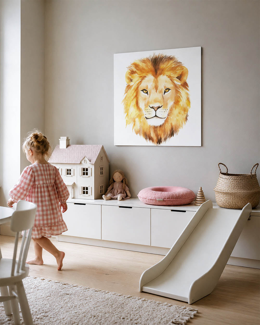 Leeuwenkop aquarel kunstwerk – tweede productweergave – dit kunstwerk toont een gedetailleerde leeuwenkop in warme tinten