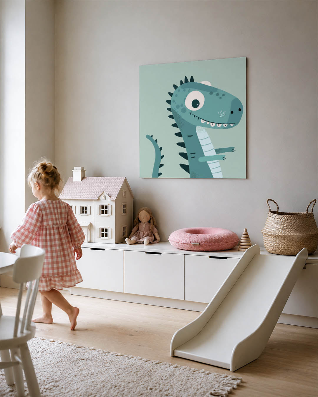 Speelse dinosaurus illustratie kunstwerk – tweede productweergave – dit kunstwerk toont een speelse dinosaurus met grote ogen