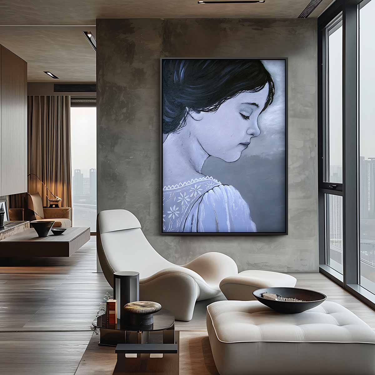 Dromerig Meisje in Grijstinten – staand kunstwerk voor modern interieur