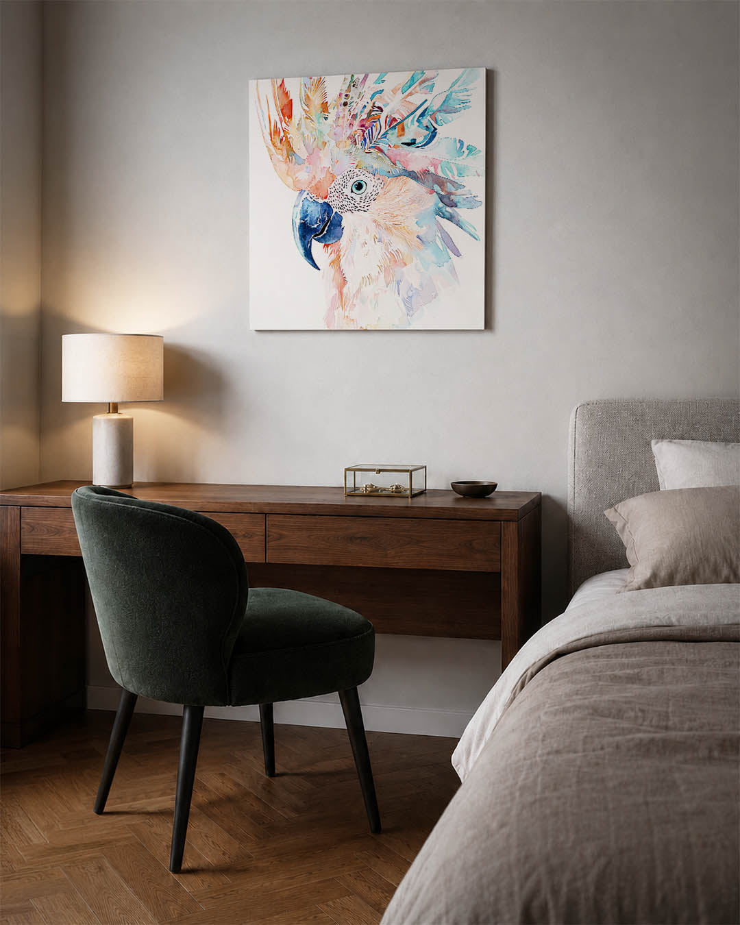 Vrolijke vogel illustratie kunstwerk – materiaalweergave – dit kunstwerk toont een kleurrijke vogel met een speelse mix van