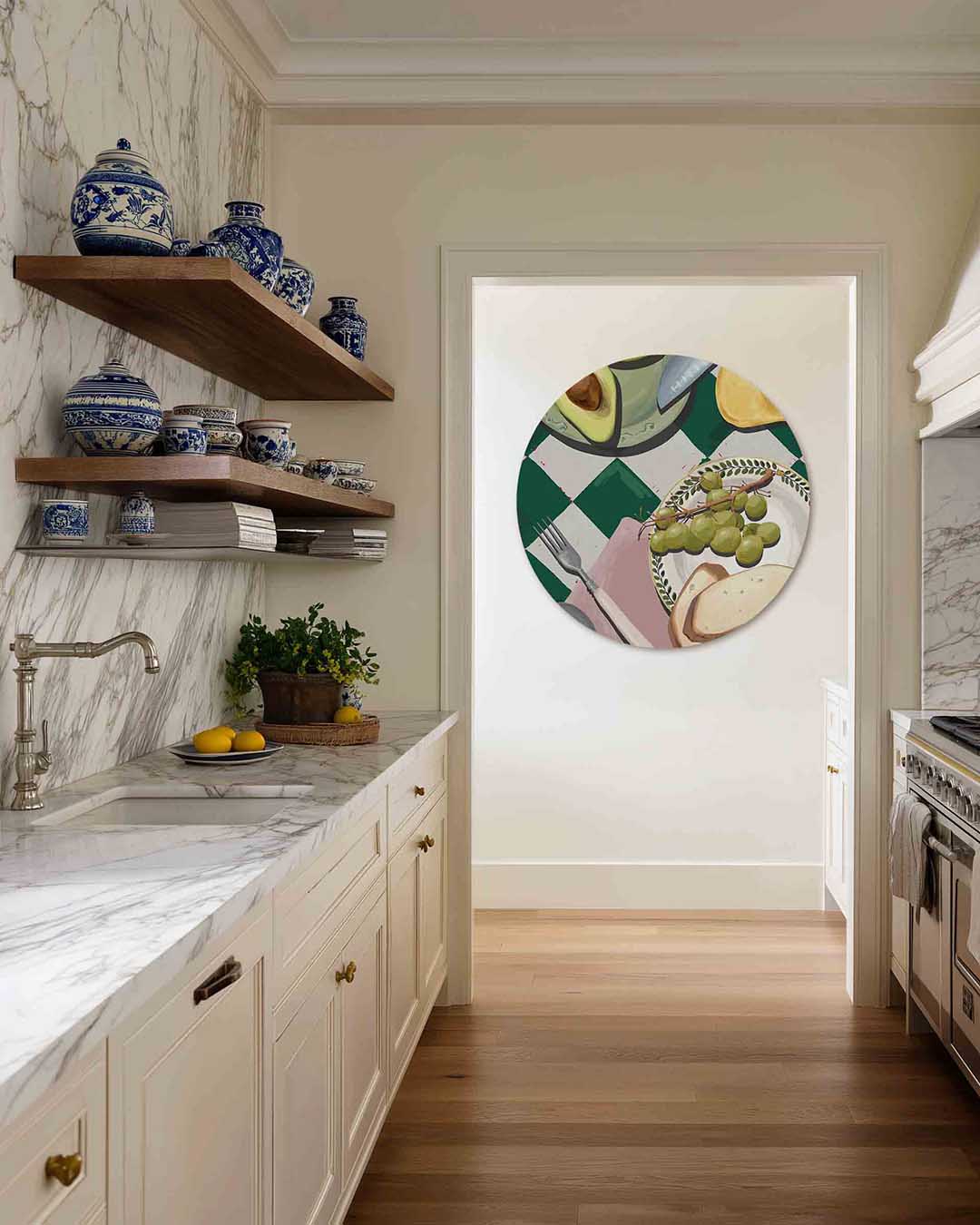 Avocado en druiven – moderne abstracte muurcirkel voor aan de muur