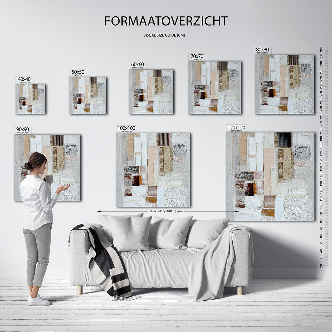 Geometrische texturen kunstwerk – materiaalweergave – dit werk toont een compositie van rechthoekige vormen in zachte tinten.