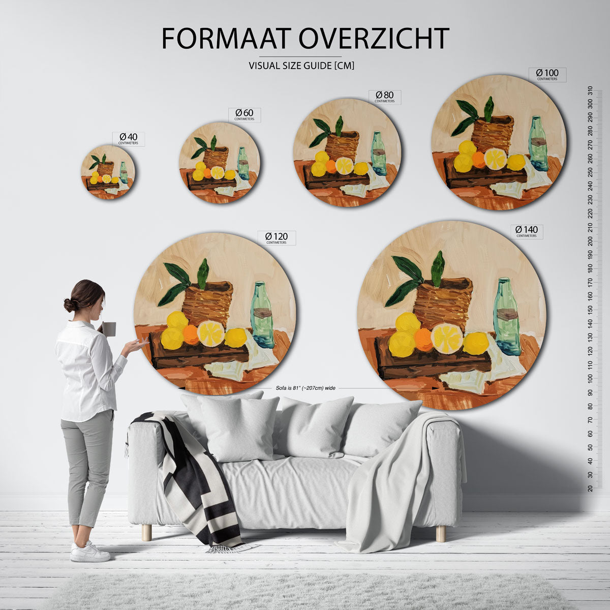 Fruit en fles – ronde muurdecoratie met kleur en vorm