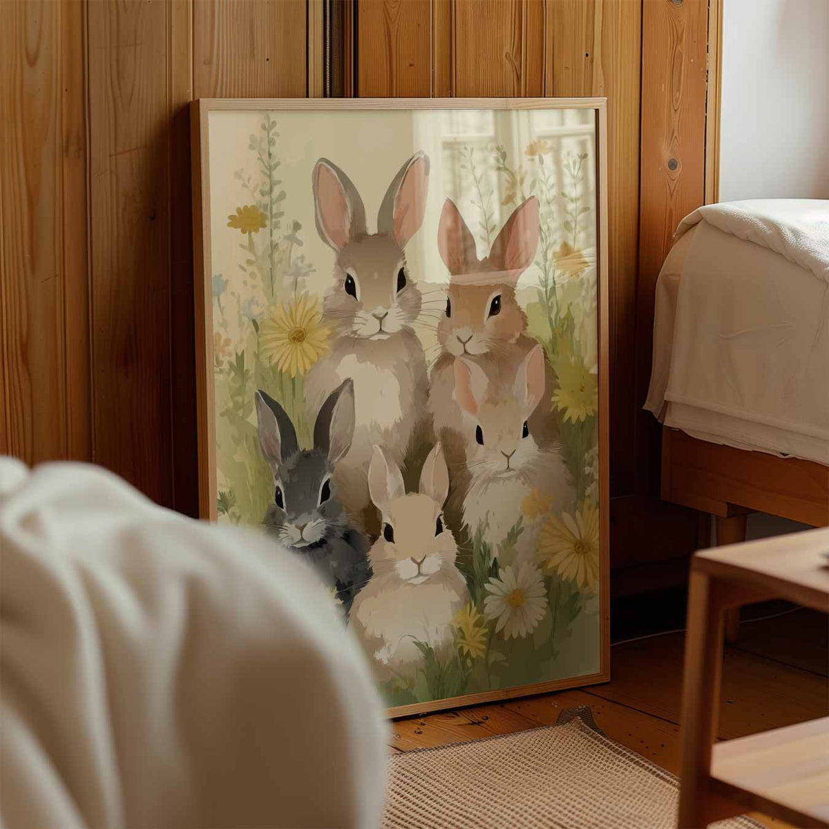 Vrolijke Konijntjes in Bloementuin – kinderposter in staand formaat