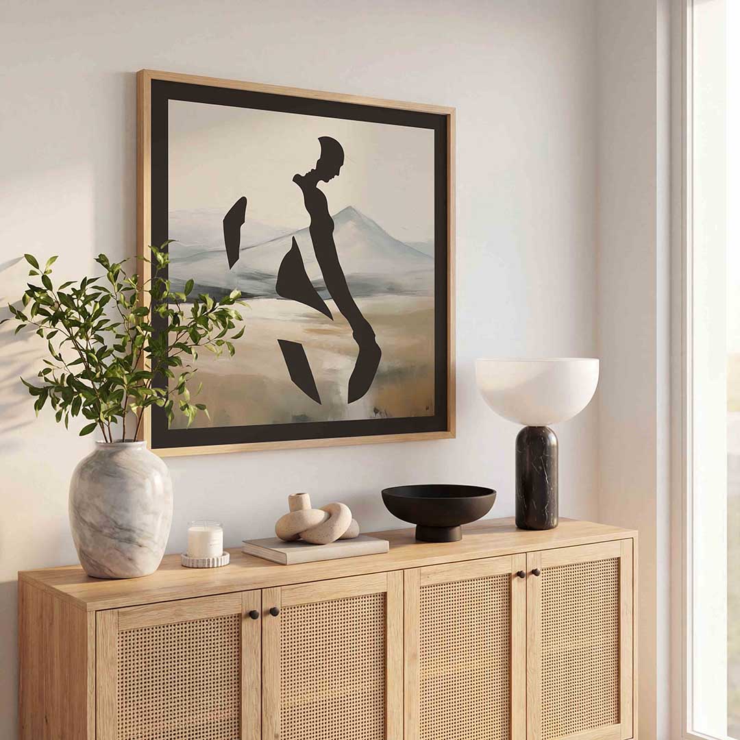 Silhouet in landschap – kleurrijke poster in vierkant formaat