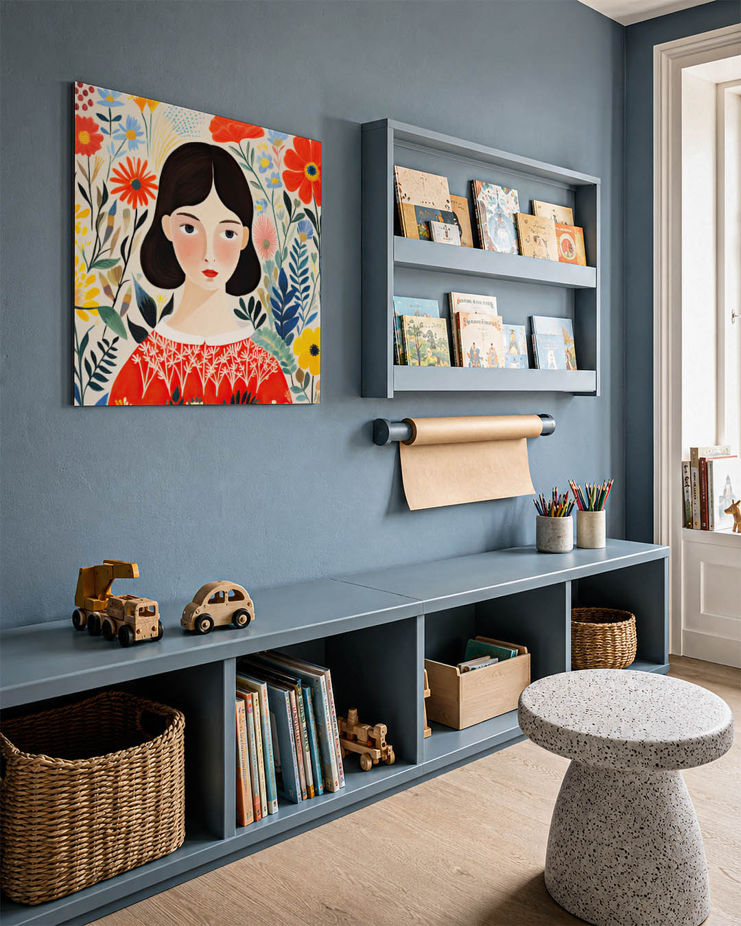 Vrouwelijk bloemenportret kunstwerk – detailweergave – een vrouw met donkere haren omringd door kleurrijke bloemen. De