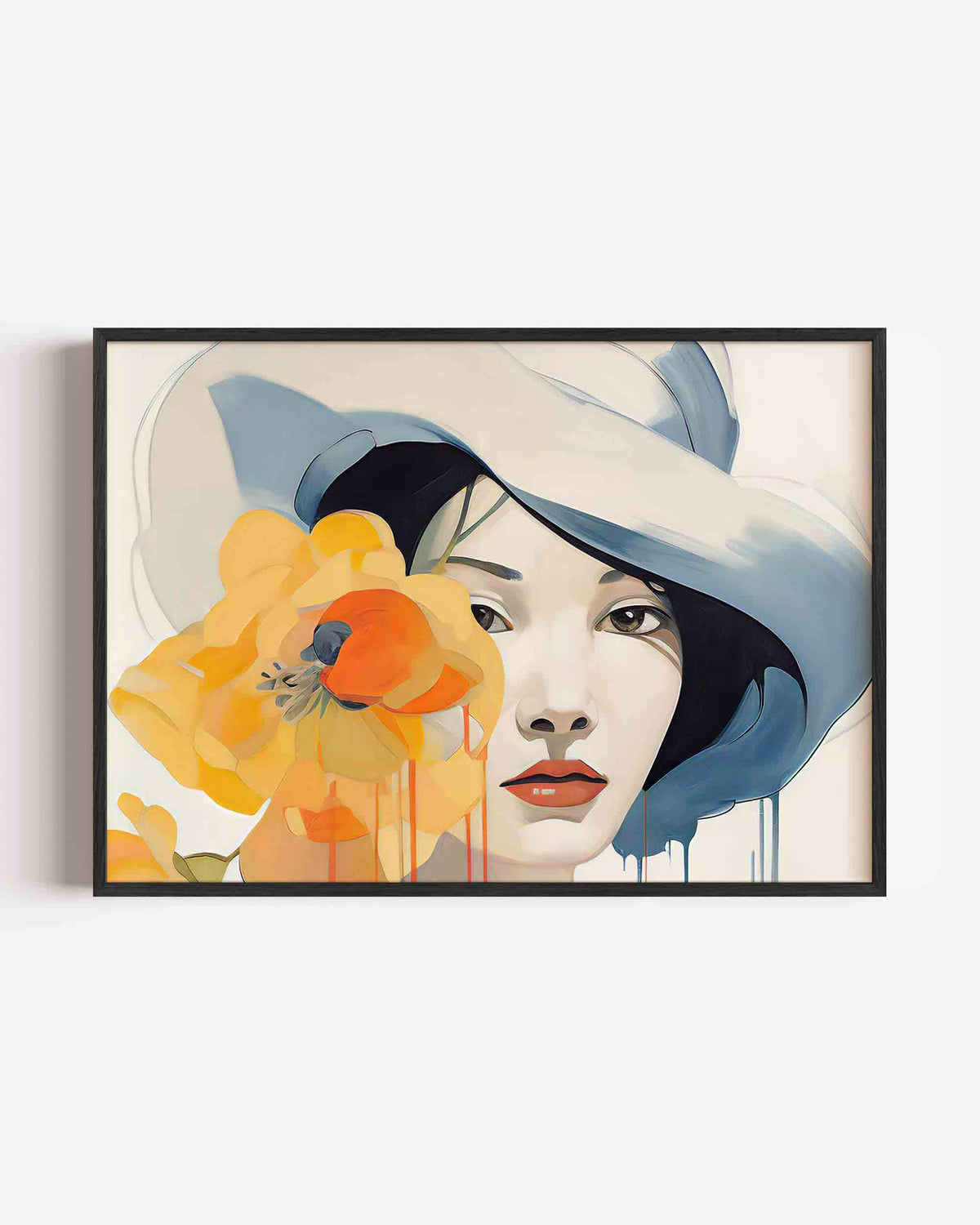 Vrouw met hoed en bloem – vrouwelijk portret als landscape poster