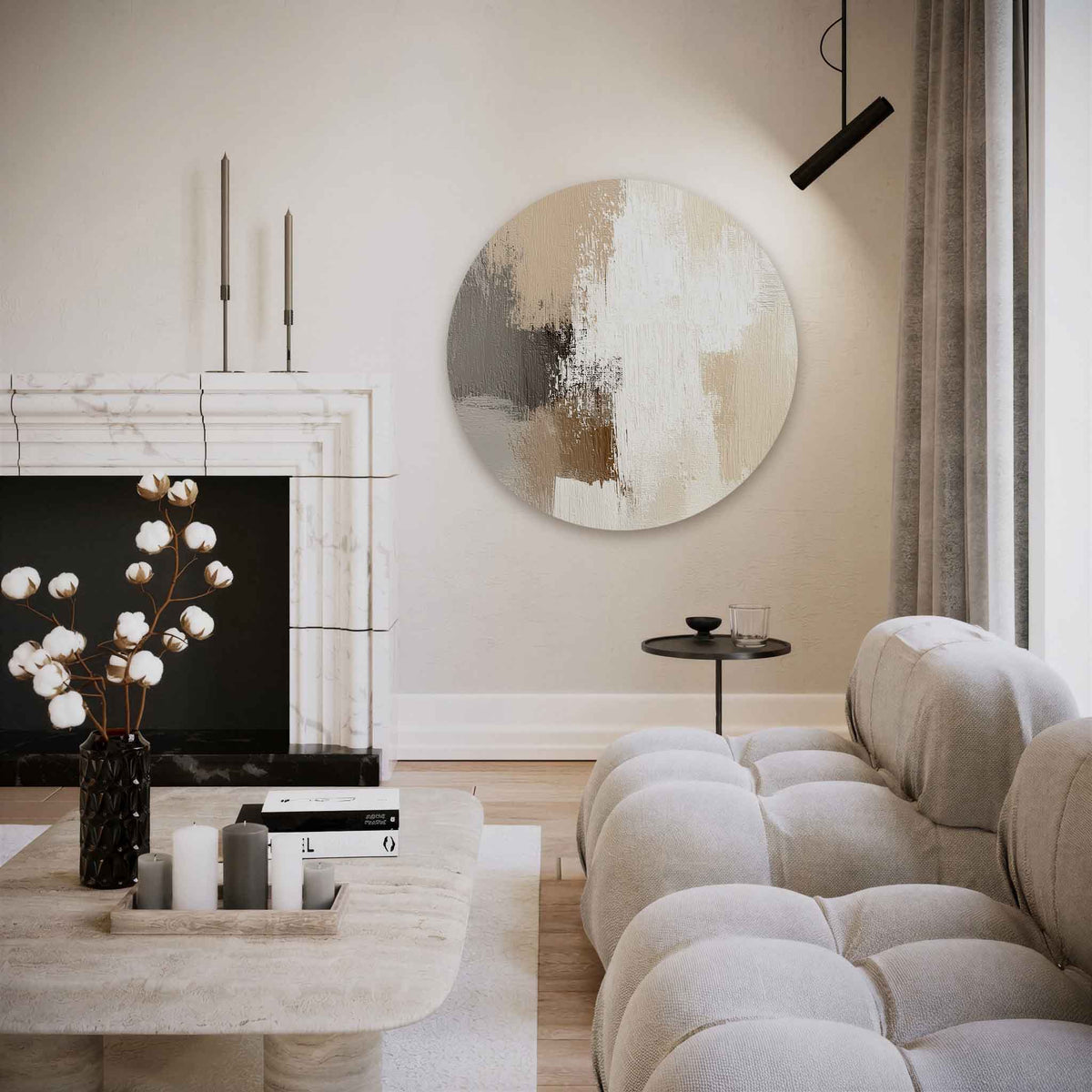 Abstracte beige – abstracte muurcirkel als ronde wanddecoratie