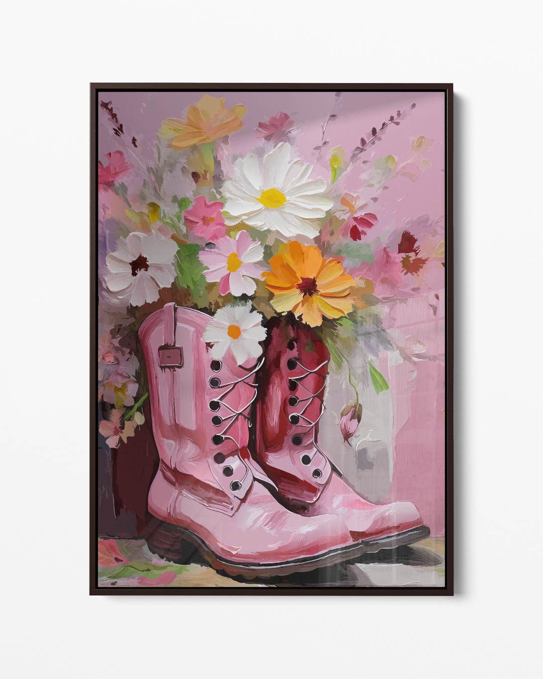 Bloemrijke Laarzen in Roze Tint – portret kunstwerk als wanddecoratie