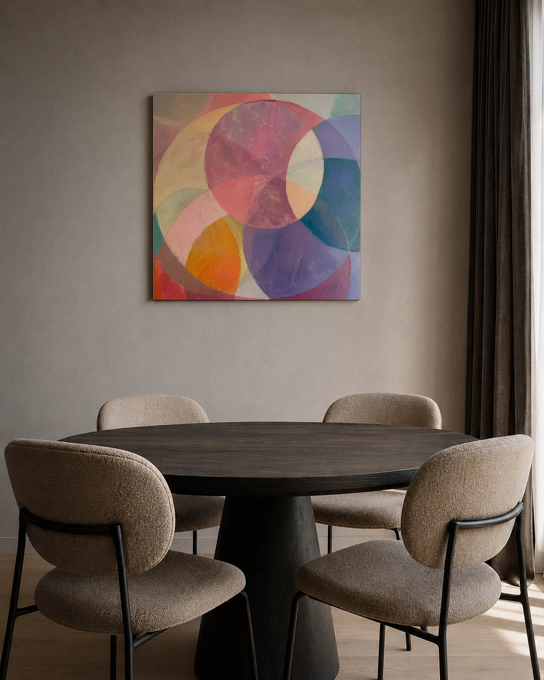 Kleurrijke cirkelvormen kunstwerk – tweede productweergave – dit werk toont een dynamische compositie van overlappende