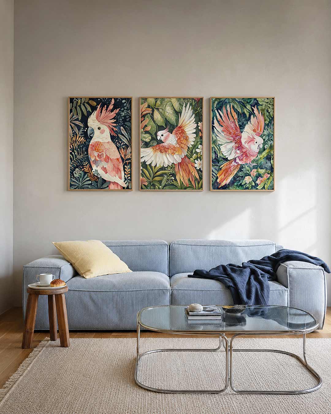 Vogel en bladeren posterset – tweede productweergave – een kleurrijke vogel met roze en oranje veren omringd door